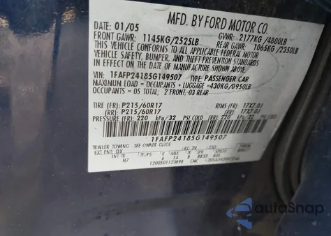 2005 Ford Five Hundred Sel z USA, uszkodzony, nr VIN 1FAFP24185G149507